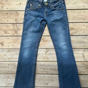 TRUE RELIGION Jeans Women’s Size 29 Flap Pocket Bootcut Flare Y2K Yellow Stitch